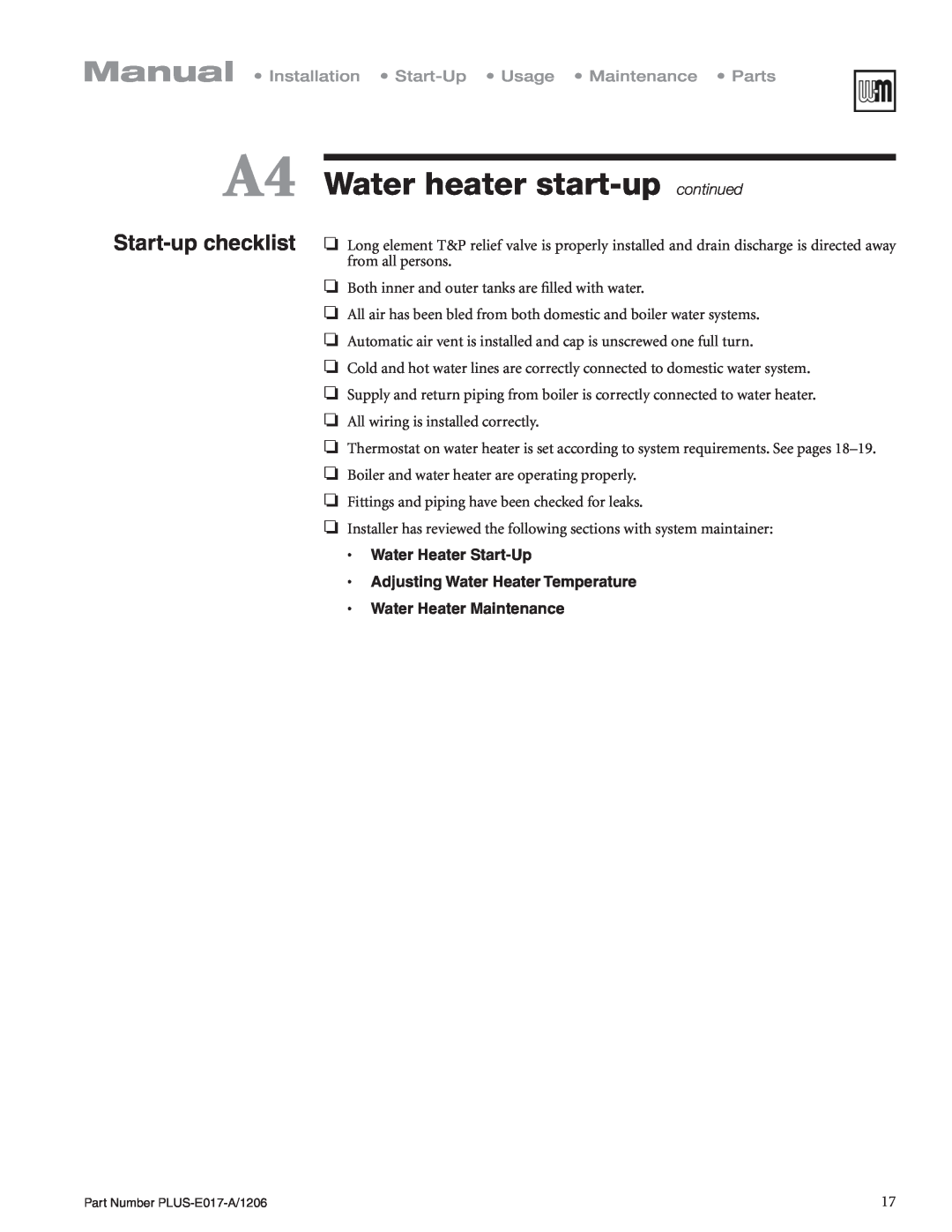 Weil-McLain PLUS-E017-A/1206 A4 Water heater start-up continued, Water Heater Start-Up, Adjusting Water Heater Temperature 