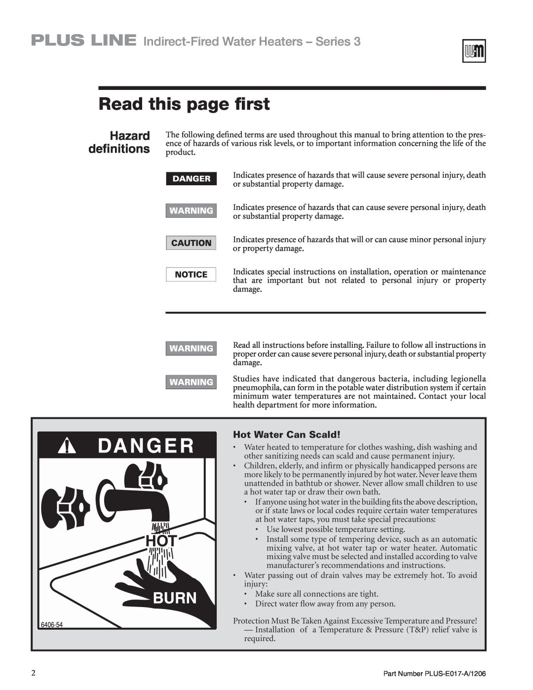 Weil-McLain PLUS-E017-A/1206 Read this page first, PLUS LINE Indirect-FiredWater Heaters - Series, Hazard definitions 