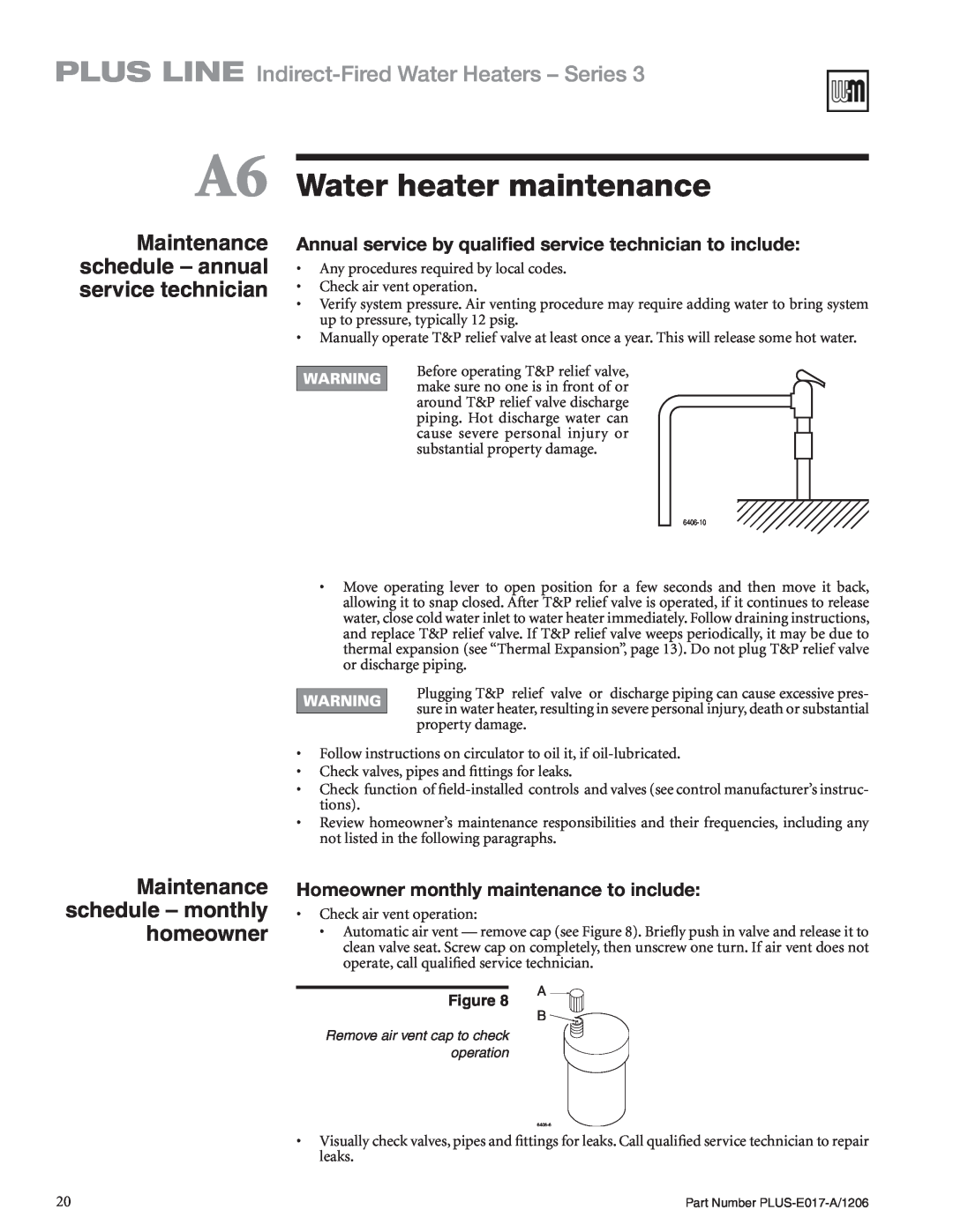 Weil-McLain PLUS-E017-A/1206 manual A6 Water heater maintenance, Maintenance schedule - annual service technician 
