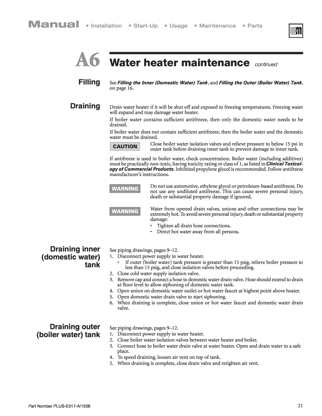 Weil-McLain PLUS-E017-A/1206 A6 Water heater maintenancecontinued, Filling Draining, Draining inner domestic water tank 