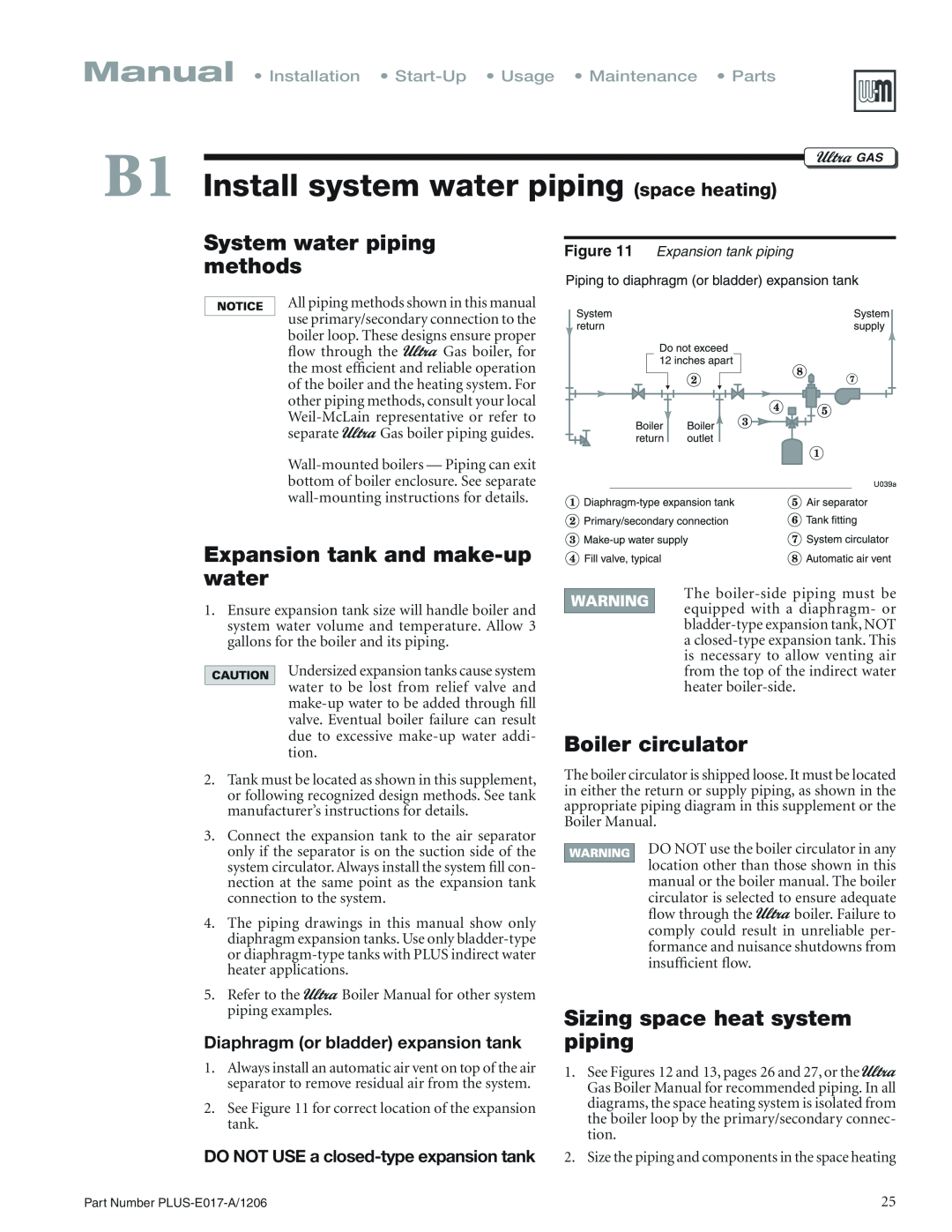 Weil-McLain PLUS-E017-A/1206 manual System water piping methods, Expansion tank and make-upwater, Boiler circulator 