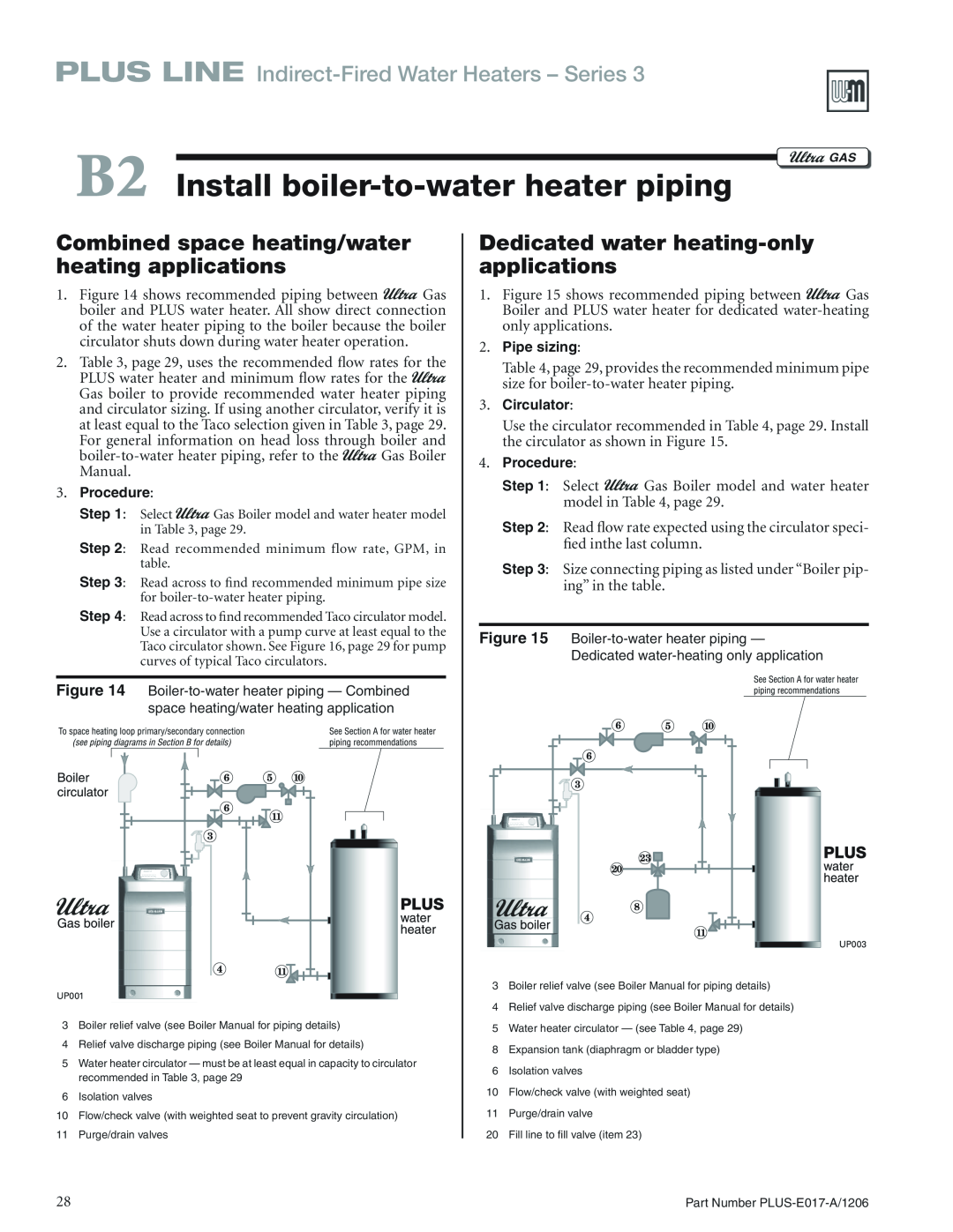 Weil-McLain PLUS-E017-A/1206 manual Install boiler-to-waterheater piping, Combined space heating/water heating applications 