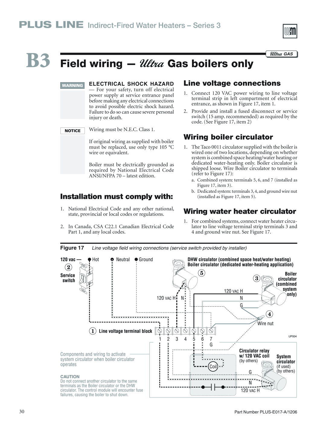 Weil-McLain PLUS-E017-A/1206 B3 Field wiring, Gas boilers only, Installation must comply with, Line voltage connections 