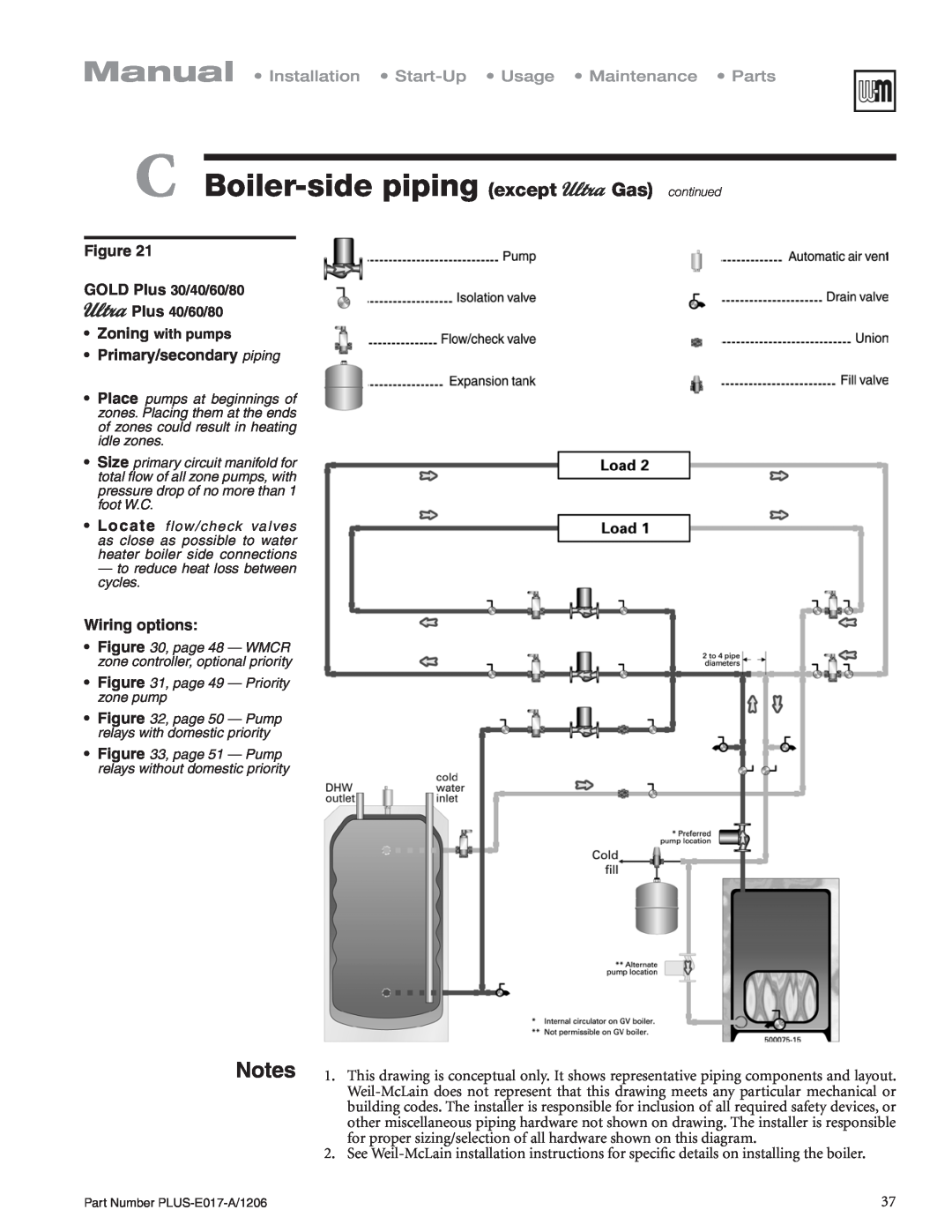 Weil-McLain PLUS-E017-A/1206 manual Primary/secondary piping, C Boiler-sidepiping except Gas continued, Wiring options 