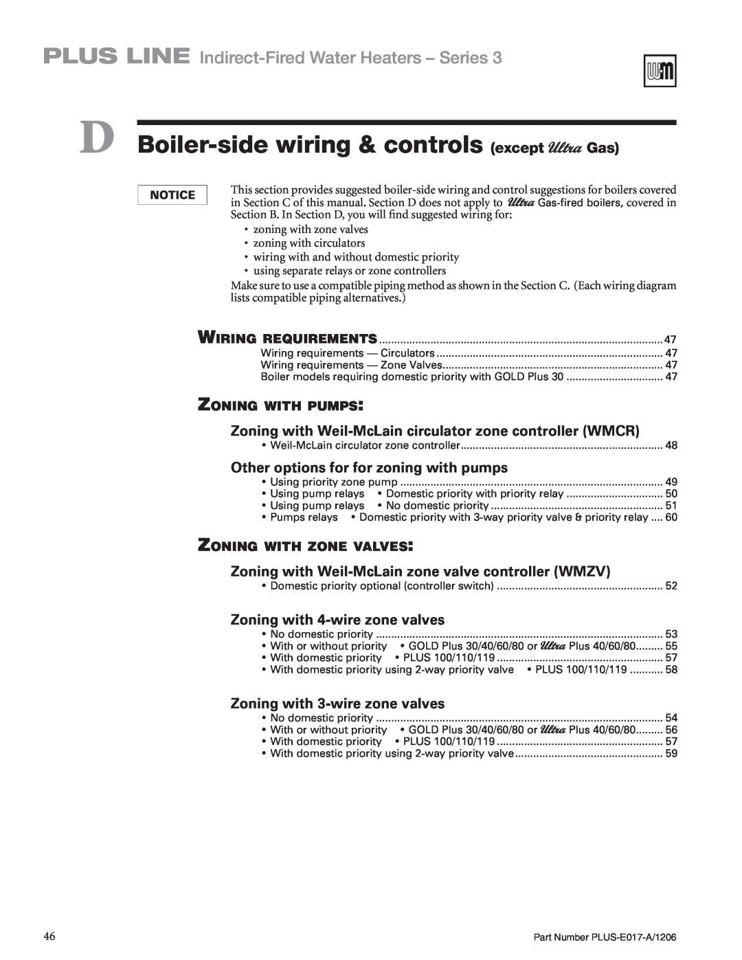 Weil-McLain PLUS-E017-A/1206 manual D Boiler-sidewiring & controls except Gas, Zoning with pumps, Zoning with zone valves 