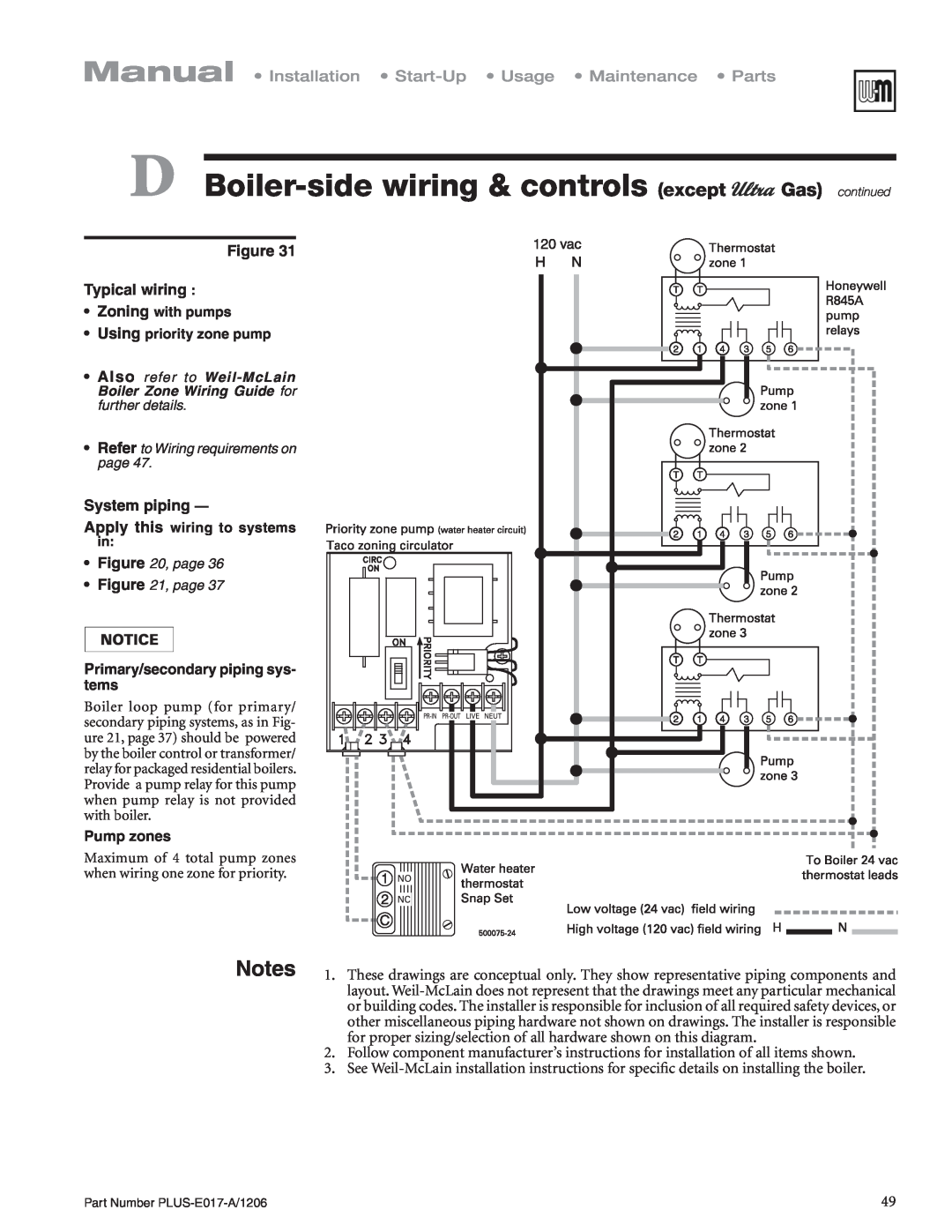 Weil-McLain PLUS-E017-A/1206 manual Figure Typical wiring, Primary/secondary piping sys- tems, Pump zones, System piping 