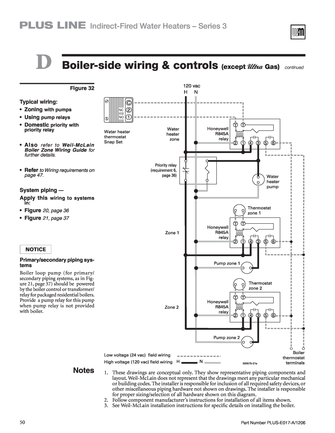 Weil-McLain PLUS-E017-A/1206 manual PLUS LINE Indirect-FiredWater Heaters - Series, Figure Typical wiring, System piping 