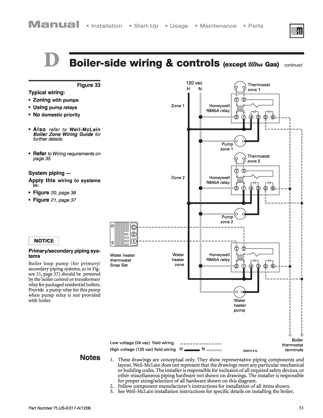Weil-McLain PLUS-E017-A/1206 manual Figure Typical wiring, System piping, Primary/secondary piping sys- tems 