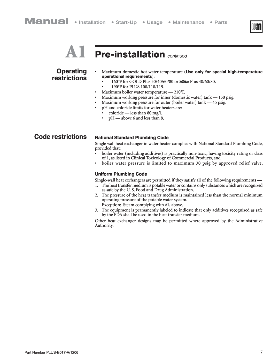 Weil-McLain PLUS-E017-A/1206 manual A1 Pre-installation continued, restrictions, Uniform Plumbing Code 