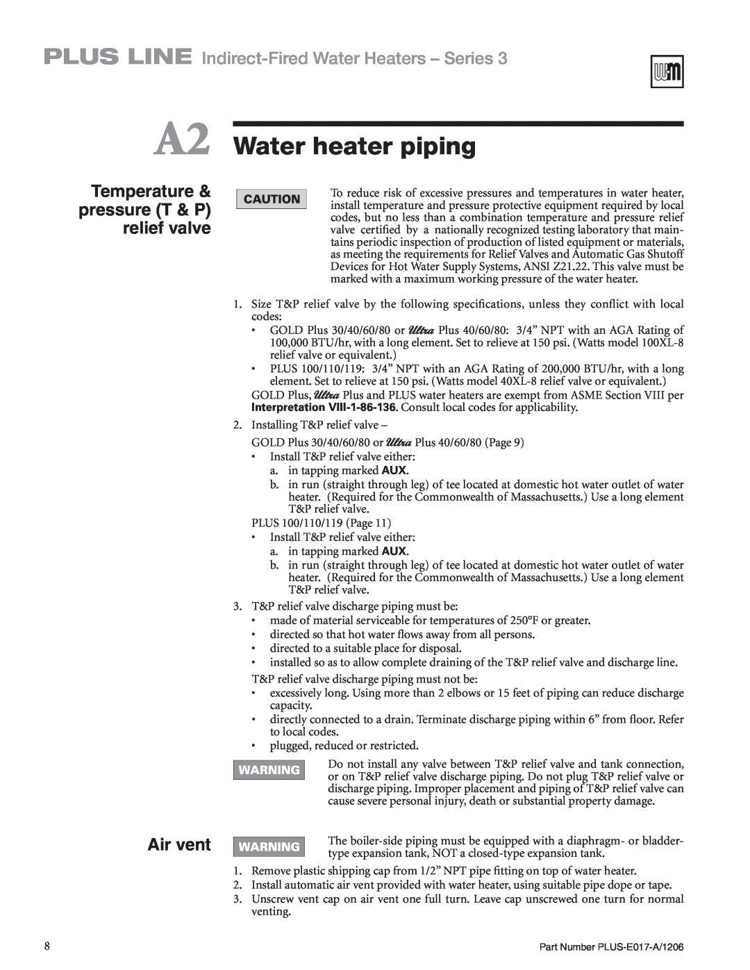 Weil-McLain PLUS-E017-A/1206 manual Water heater piping, Temperature & pressure T & P relief valve, Air vent 