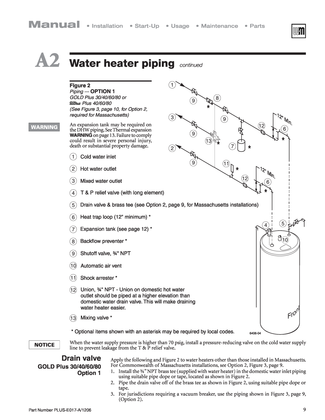 Weil-McLain PLUS-E017-A/1206 manual A2 Water heater pipingcontinued, Drain valve, GOLD Plus 30/40/60/80 Option 