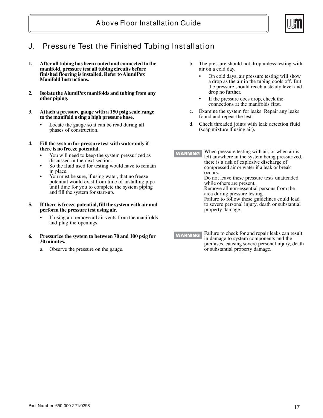 Weil-McLain Radiant Heater manual Pressure Test the Finished Tubing Installation 