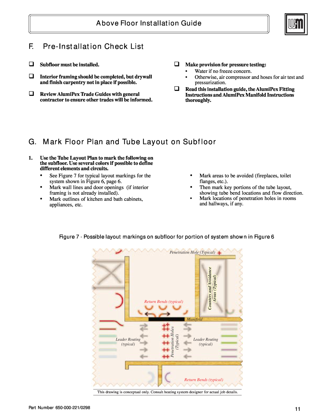 Weil-McLain Radiant Heater manual F.Pre-InstallationCheck List, G. Mark Floor Plan and Tube Layout on Subfloor 