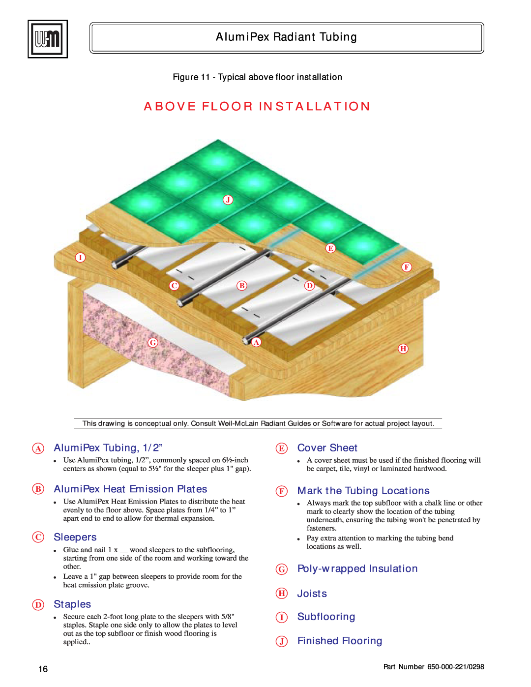 Weil-McLain Radiant Heater Above Floor Installation, AAlumiPex Tubing, 1/2”, BAlumiPex Heat Emission Plates, CSleepers 