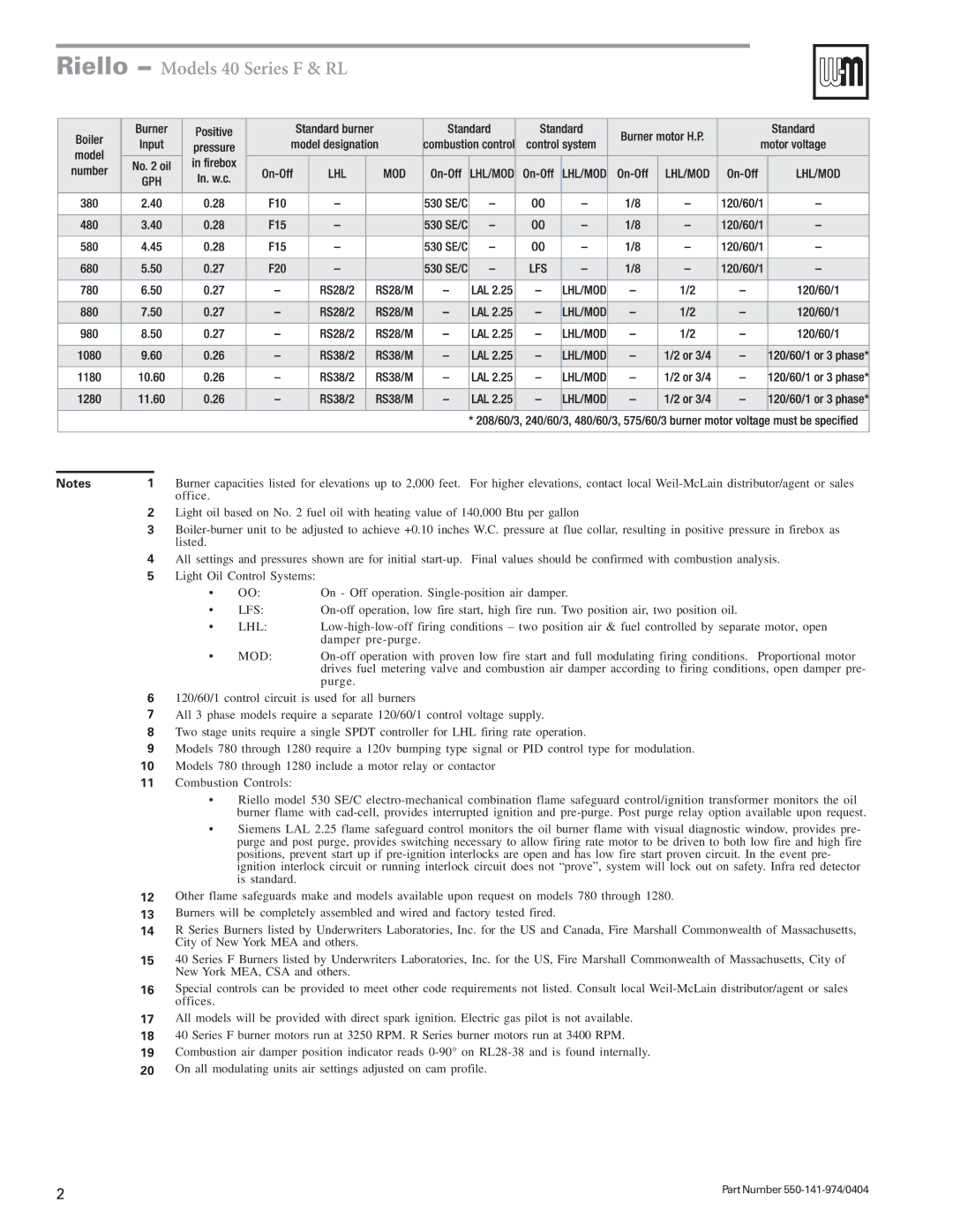 Weil-McLain RL 28 - 38, F10 - F20 specifications Riello Models 40 Series F & RL 