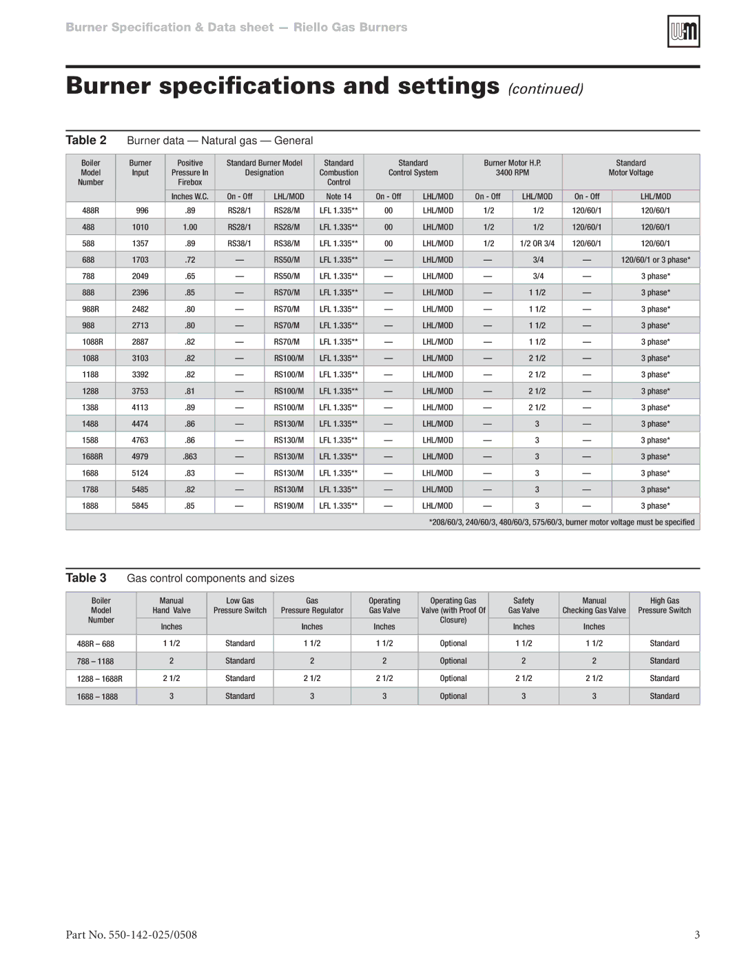 Weil-McLain RS dimensions Gas control components and sizes, Burner data Natural gas General 