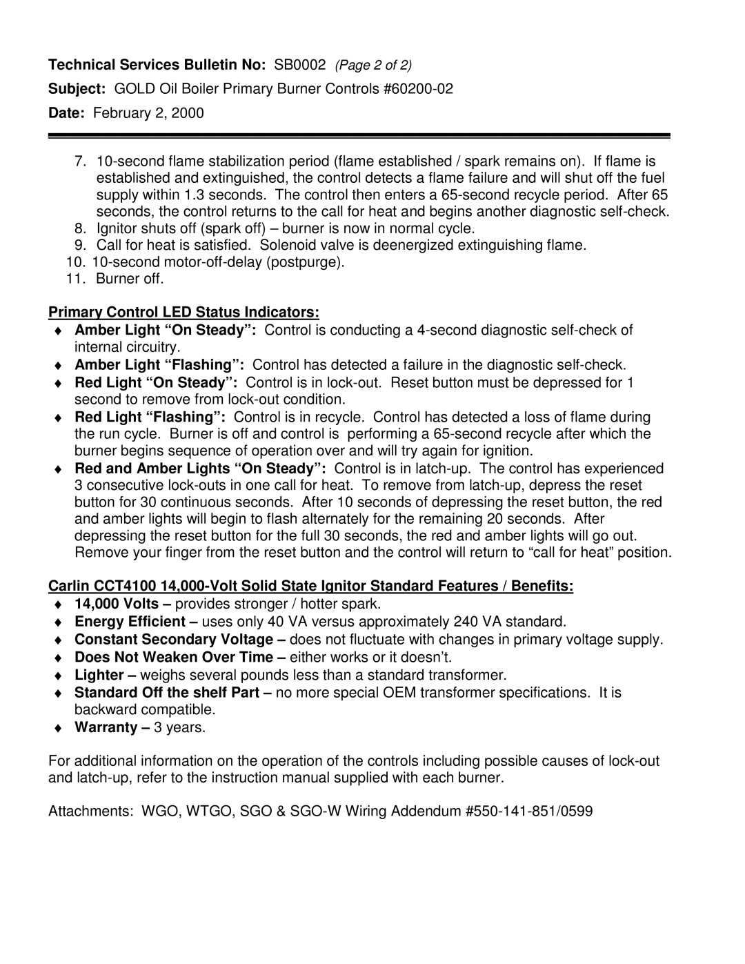 Weil-McLain Technical Services Bulletin No SB0002 Page 2, Primary Control LED Status Indicators, Warranty 3 years 