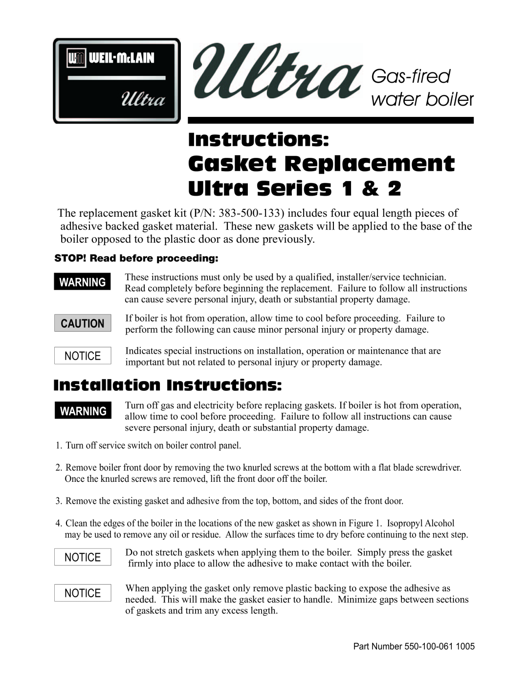 Weil-McLain Series 1 installation instructions Gasket Replacement, Ultra Series, Gas-fired water boiler, Instructions 