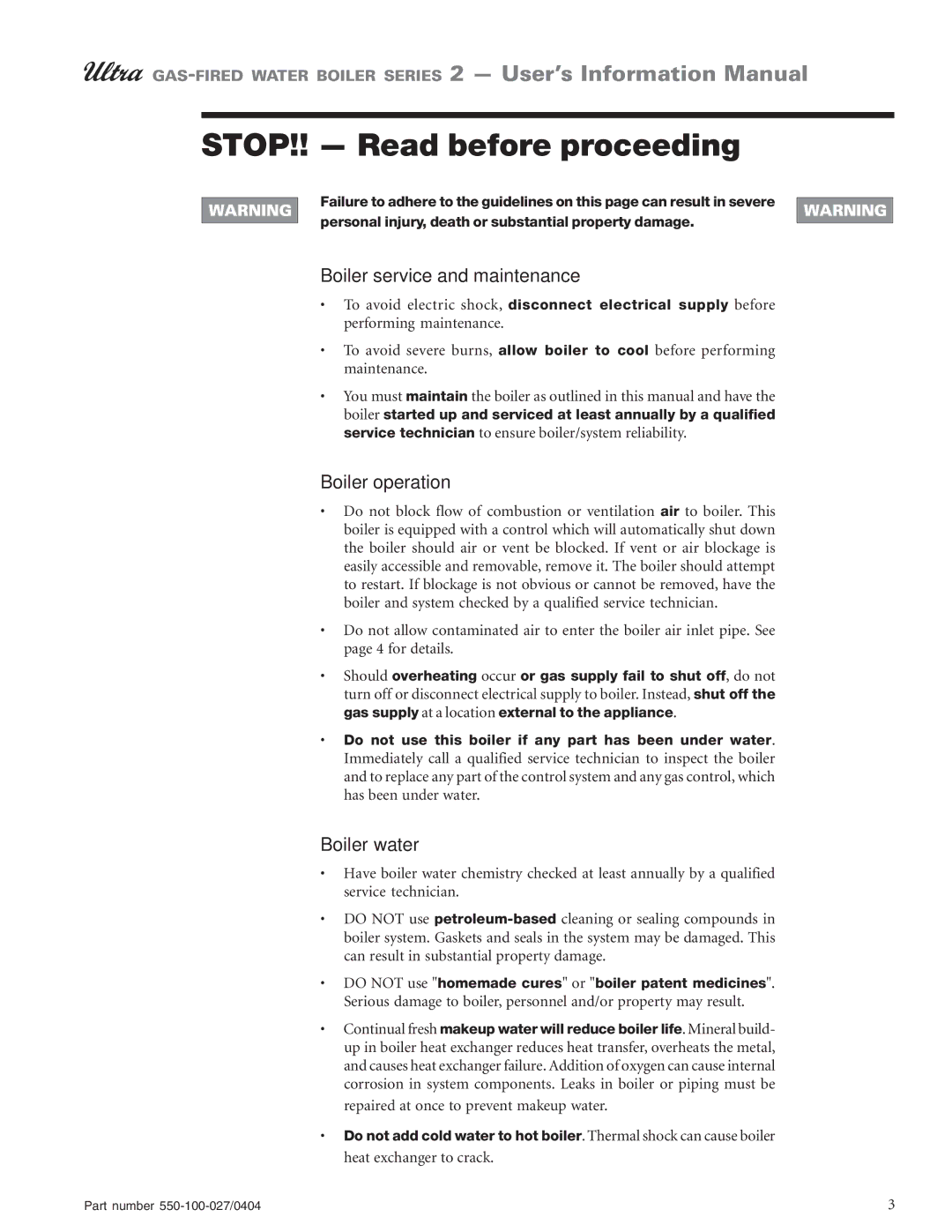 Weil-McLain Series 2 manual STOP!! Read before proceeding, Boiler service and maintenance 