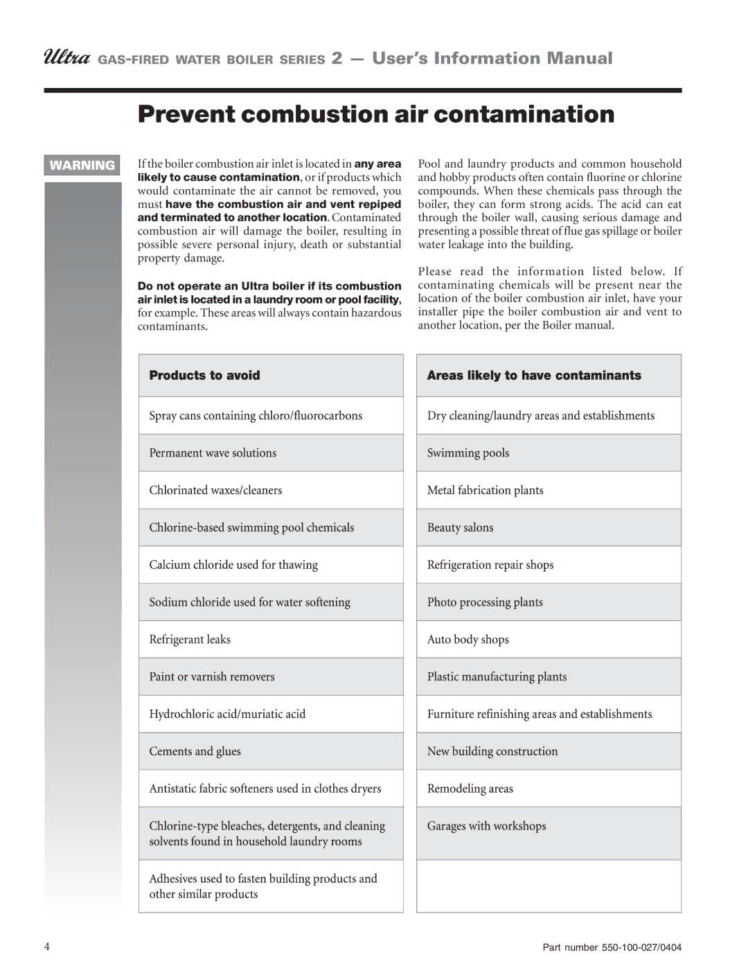 Weil-McLain Series 2 manual Prevent combustion air contamination 