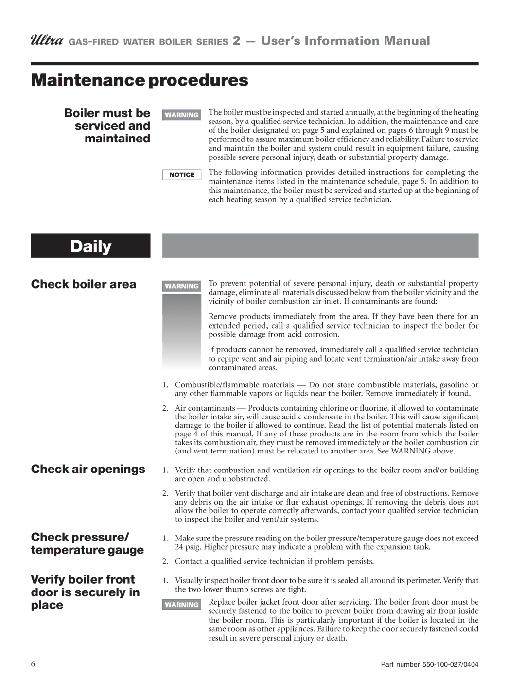 Weil-McLain Series 2 manual Maintenance procedures, Daily 