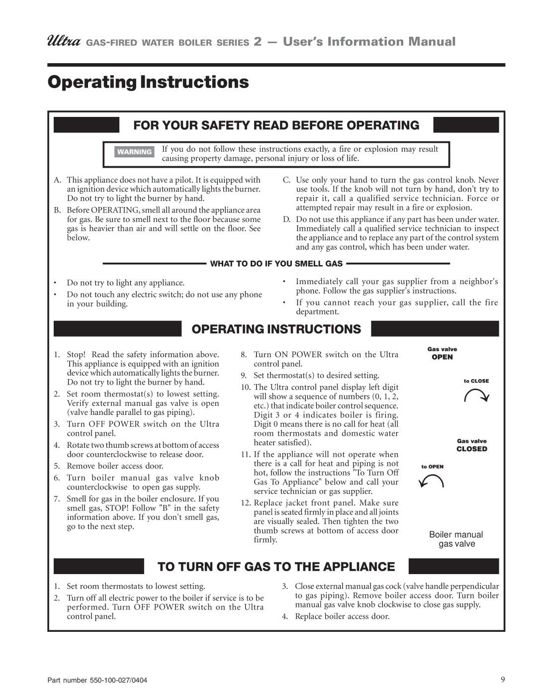 Weil-McLain Series 2 manual Operating Instructions, For Your Safety Read Before Operating 