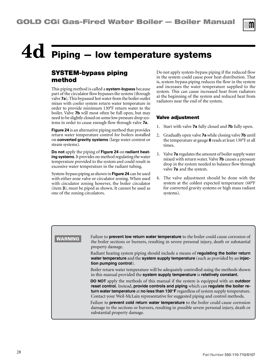 Weil-McLain Series 2 manual SYSTEM-bypass piping method, Valve adjustment 