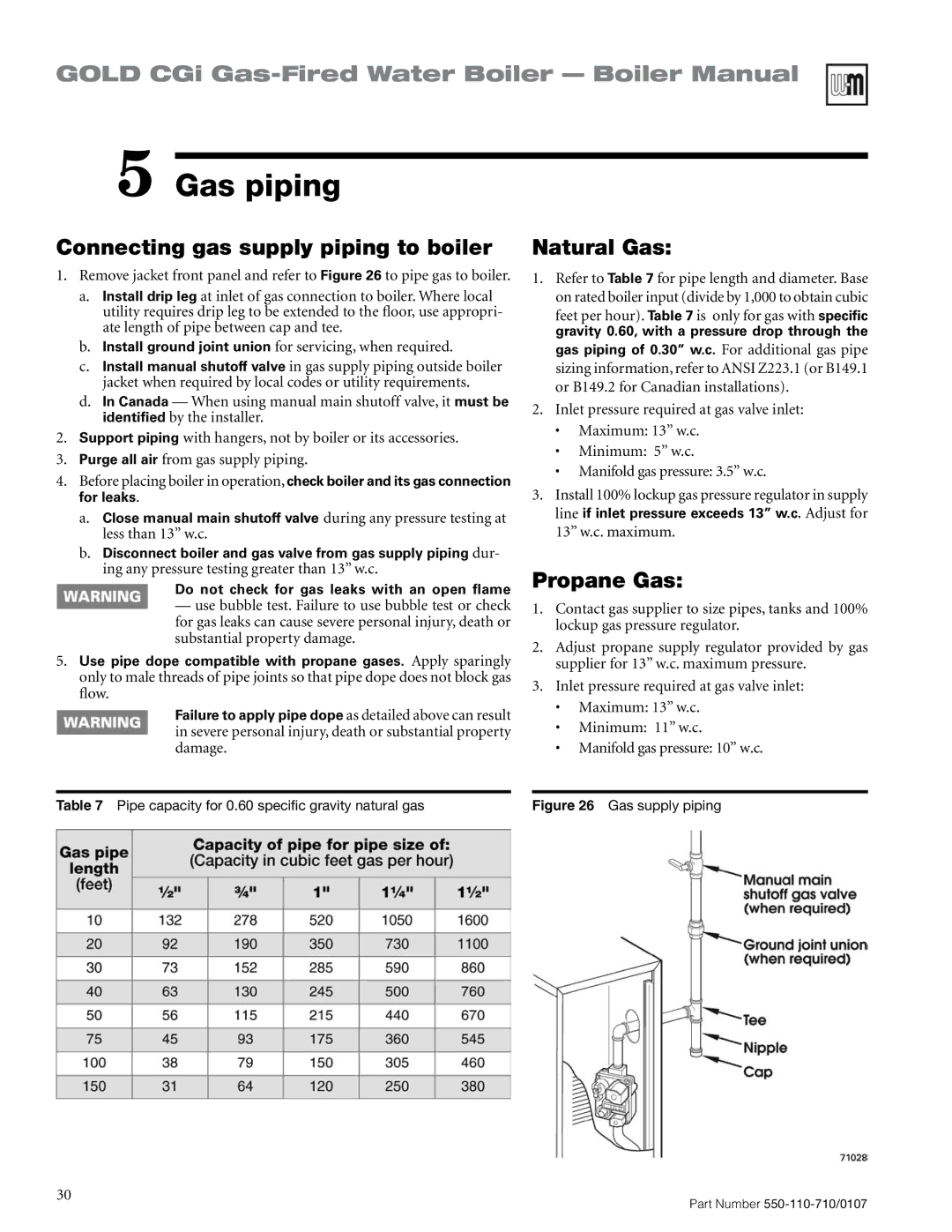 Weil-McLain Series 2 manual Gas piping, Connecting gas supply piping to boiler, Natural Gas, Propane Gas 