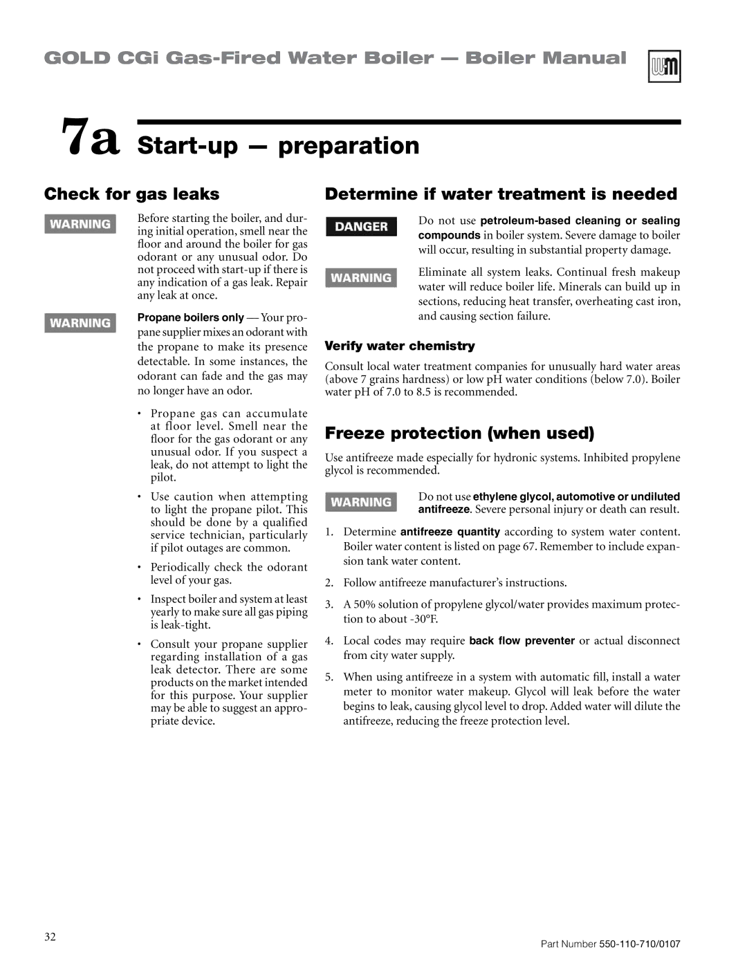 Weil-McLain Series 2 manual 7a Start-up preparation, Check for gas leaks, Determine if water treatment is needed 