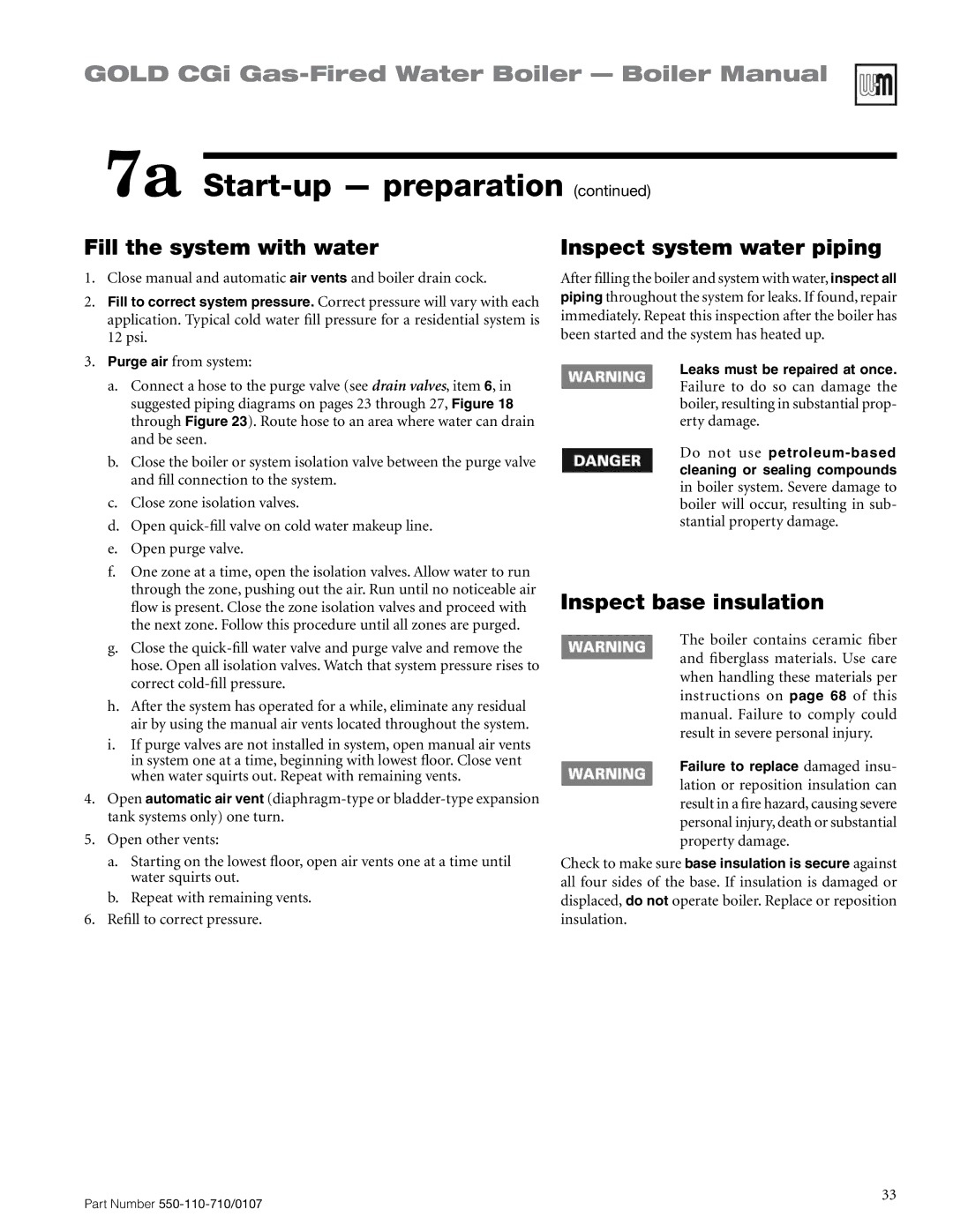 Weil-McLain Series 2 manual Fill the system with water, Inspect system water piping, Inspect base insulation 