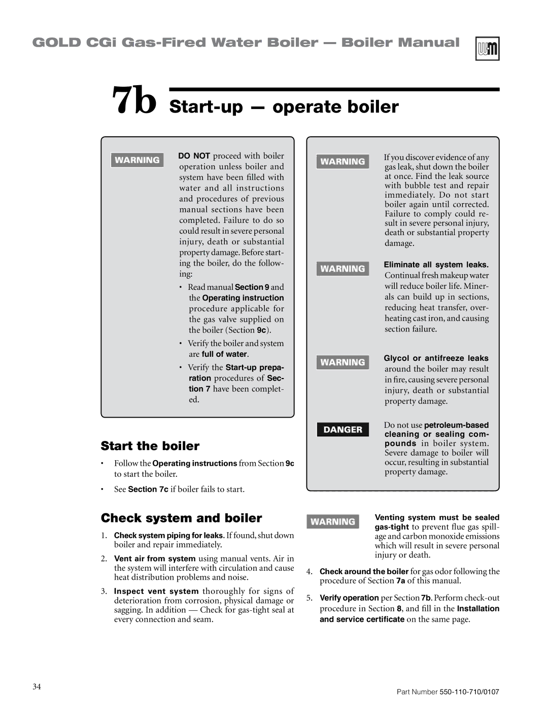 Weil-McLain Series 2 manual 7b Start-up operate boiler, Start the boiler, Check system and boiler 