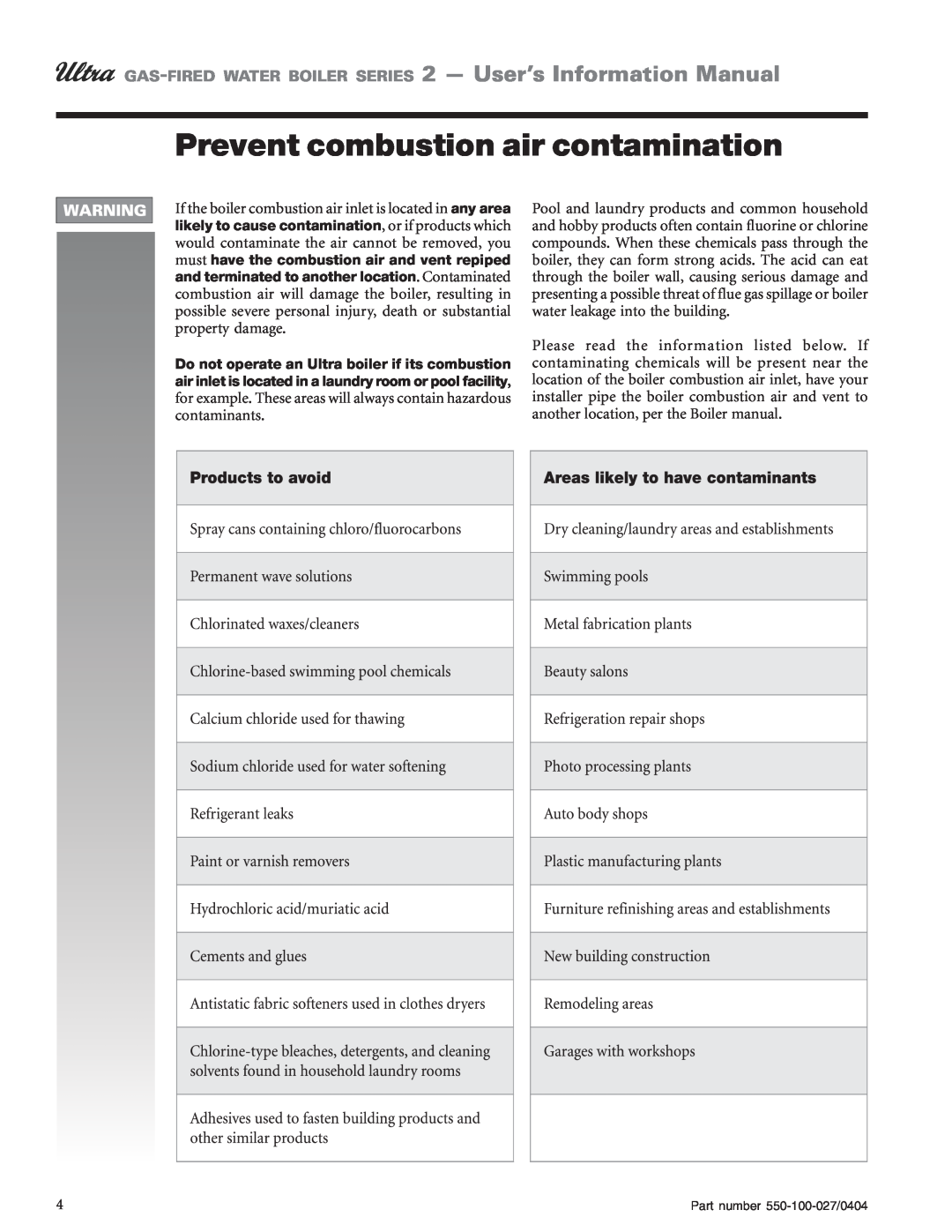 Weil-McLain Series 2 manual Prevent combustion air contamination 