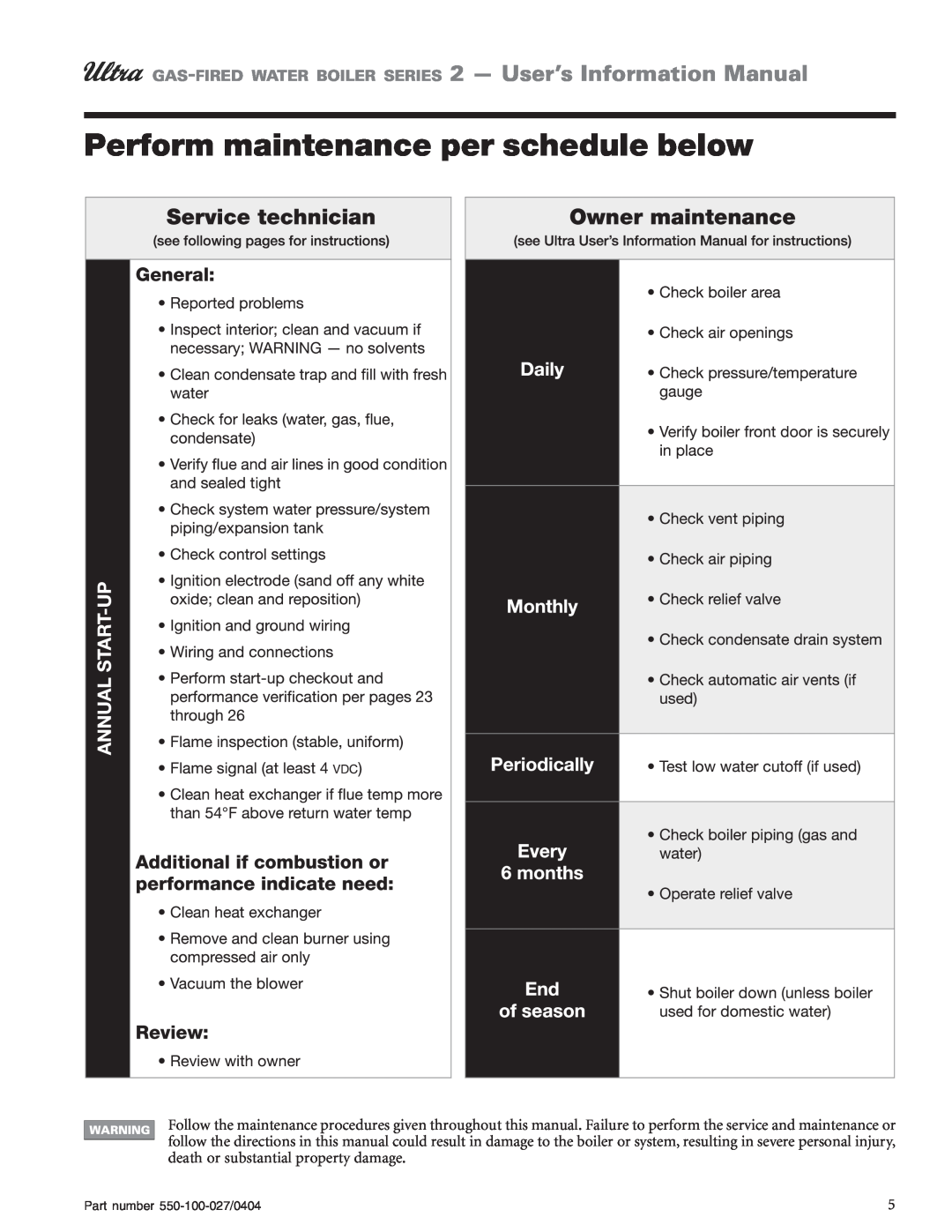 Weil-McLain Series 2 manual Perform maintenance per schedule below, Part number 550-100-027/0404 