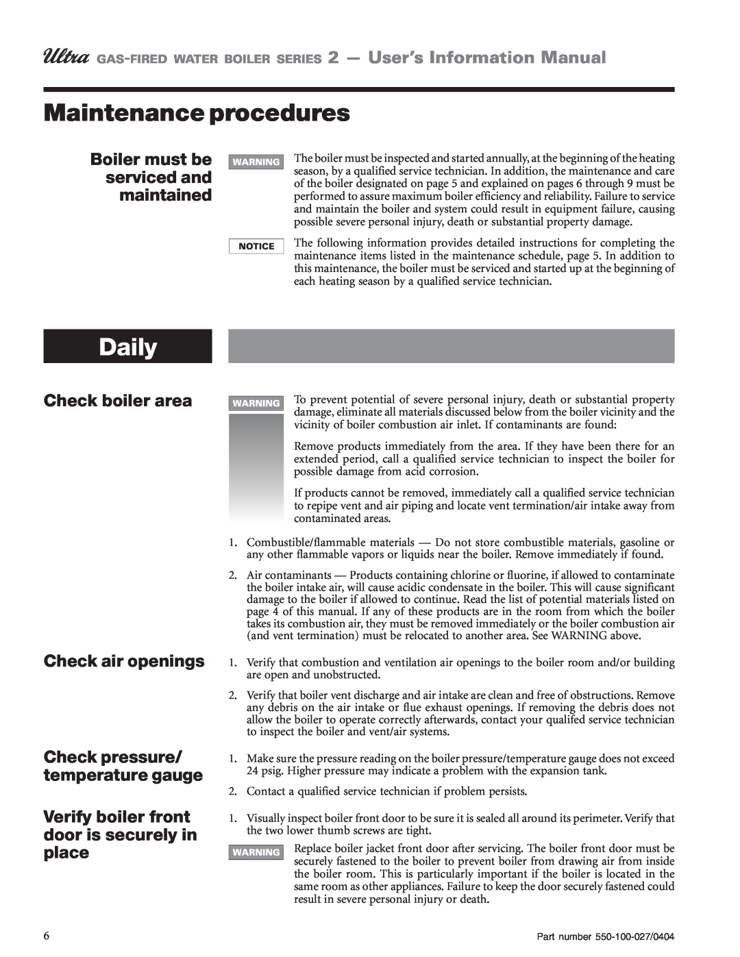 Weil-McLain Series 2 manual Maintenance procedures, Daily, Boiler must be serviced and maintained 
