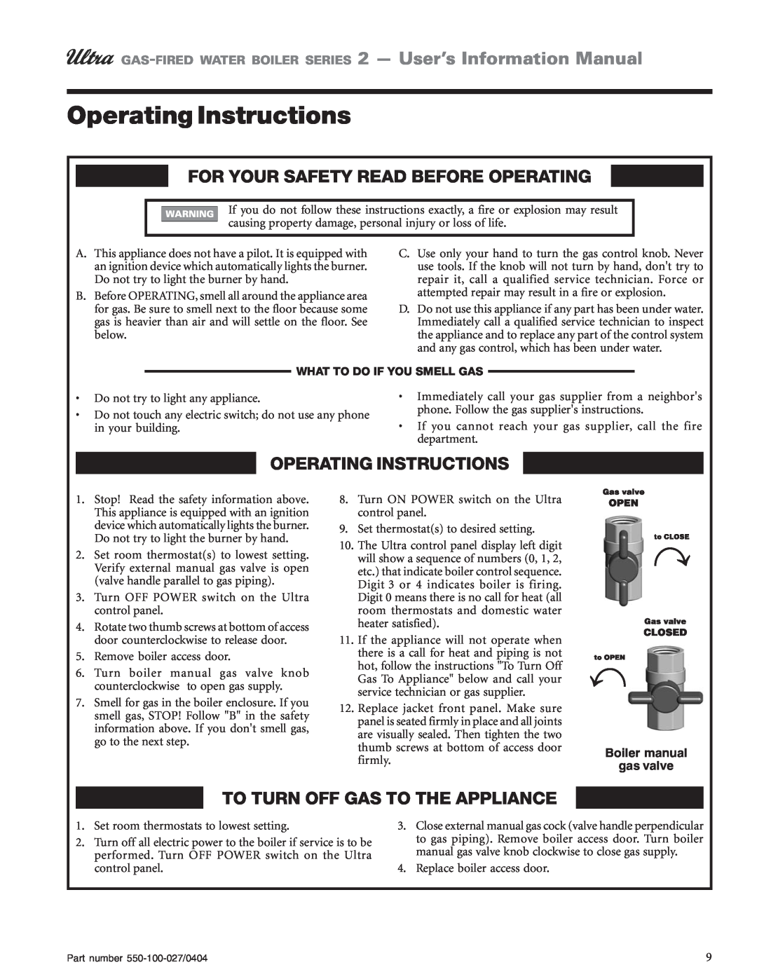 Weil-McLain Series 2 manual Operating Instructions, For Your Safety Read Before Operating, To Turn Off Gas To The Appliance 