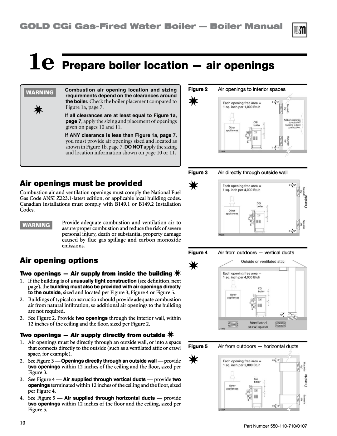 Weil-McLain Series 2 manual 1e Prepare boiler location — air openings, GOLD CGi Gas-FiredWater Boiler — Boiler Manual 