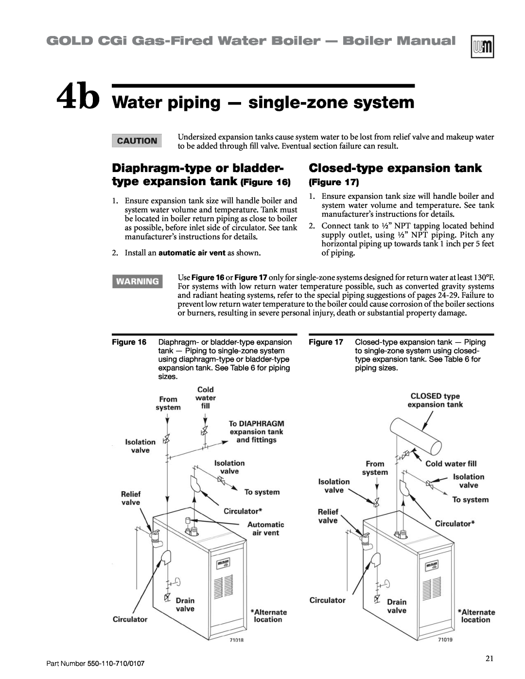 Weil-McLain Series 2 manual 4b Water piping — single-zonesystem, GOLD CGi Gas-FiredWater Boiler — Boiler Manual, Figure 