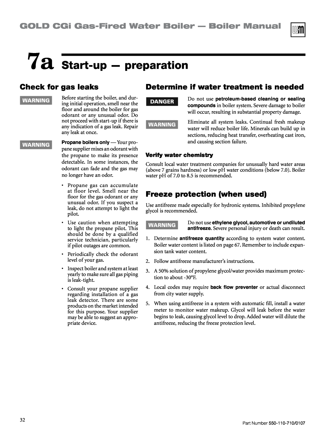 Weil-McLain Series 2 manual 7a Start-up- preparation, GOLD CGi Gas-FiredWater Boiler — Boiler Manual, Check for gas leaks 