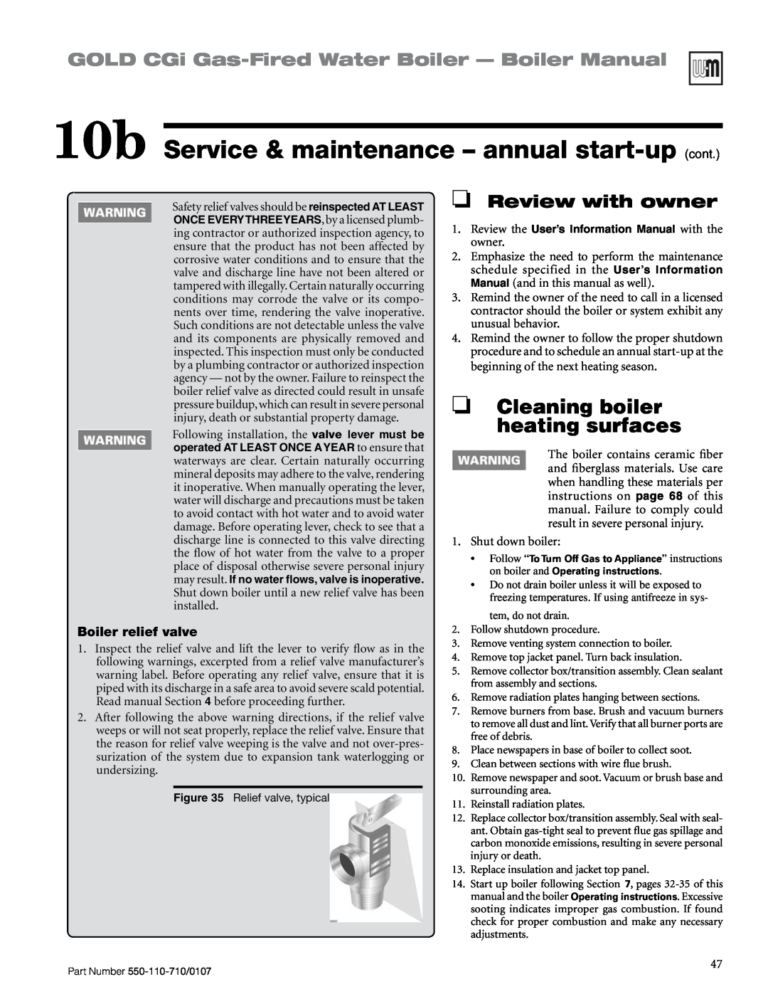 Weil-McLain Series 2 Cleaning boiler heating surfaces, 10b Service & maintenance – annual start-up cont, Review with owner 