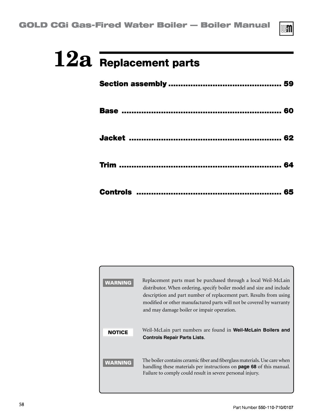 Weil-McLain Series 2 manual 12a Replacement parts, GOLD CGi Gas-FiredWater Boiler — Boiler Manual 