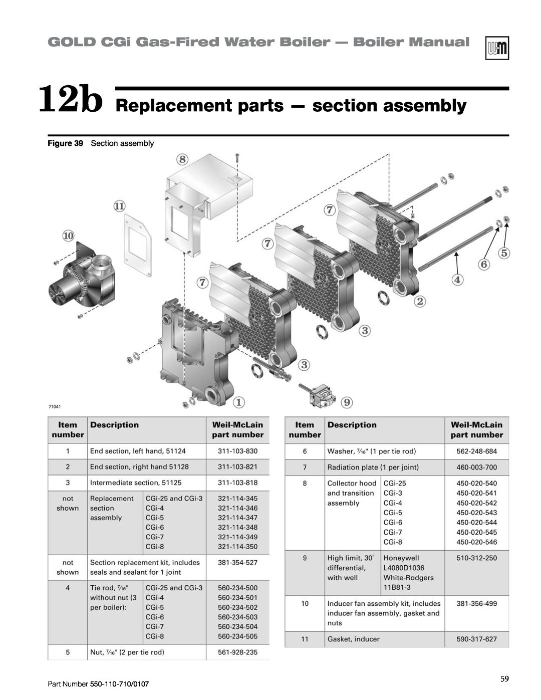 Weil-McLain Series 2 manual 12b Replacement parts — section assembly, GOLD CGi Gas-FiredWater Boiler — Boiler Manual 