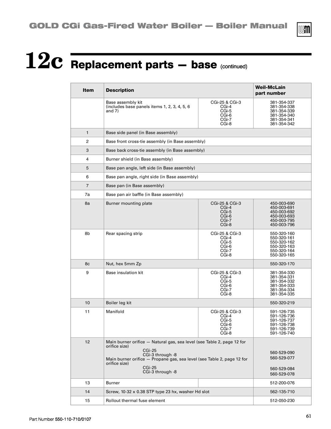 Weil-McLain Series 2 manual 12c Replacement parts — base continued, GOLD CGi Gas-FiredWater Boiler — Boiler Manual, Item 