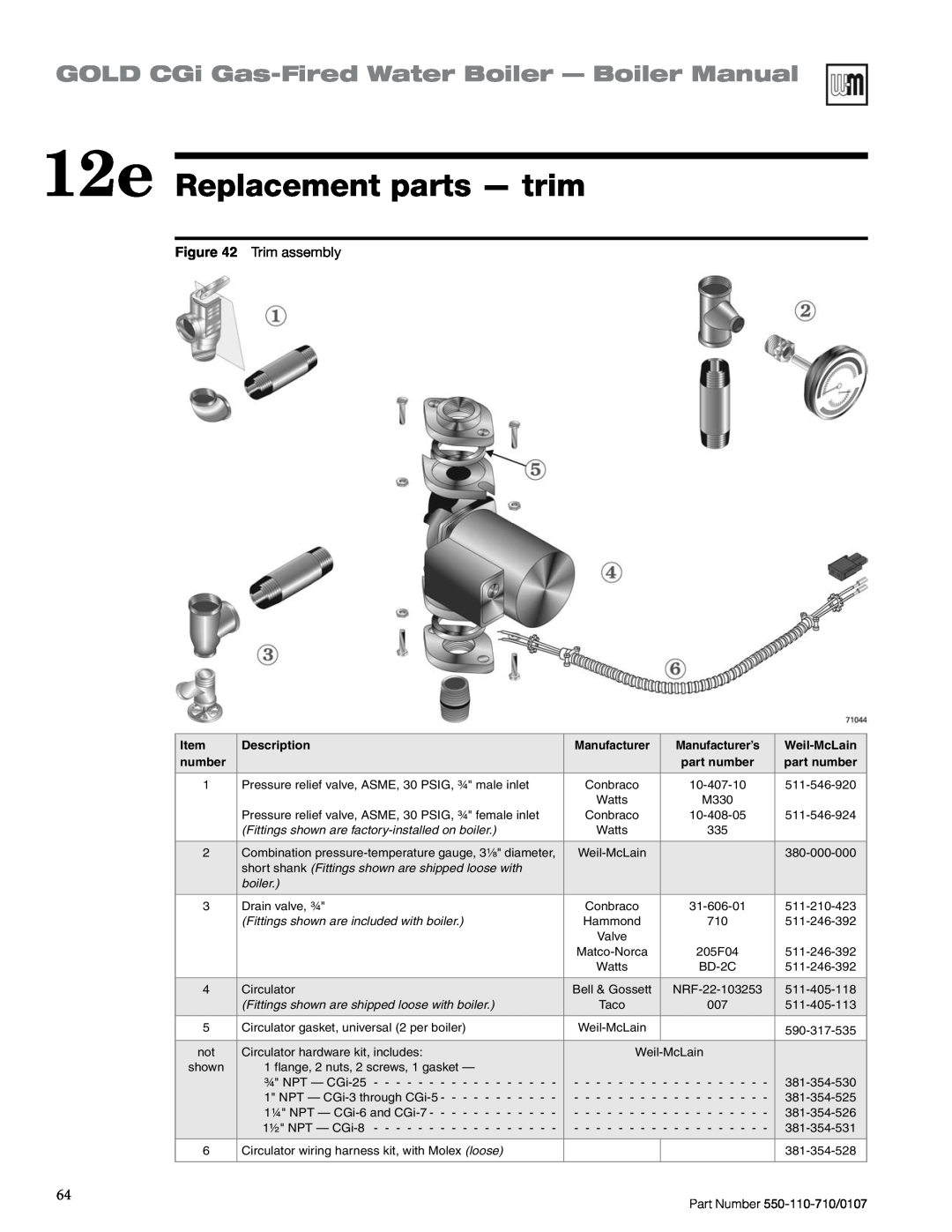 Weil-McLain Series 2 12e Replacement parts — trim, GOLD CGi Gas-FiredWater Boiler — Boiler Manual, Trim assembly, number 