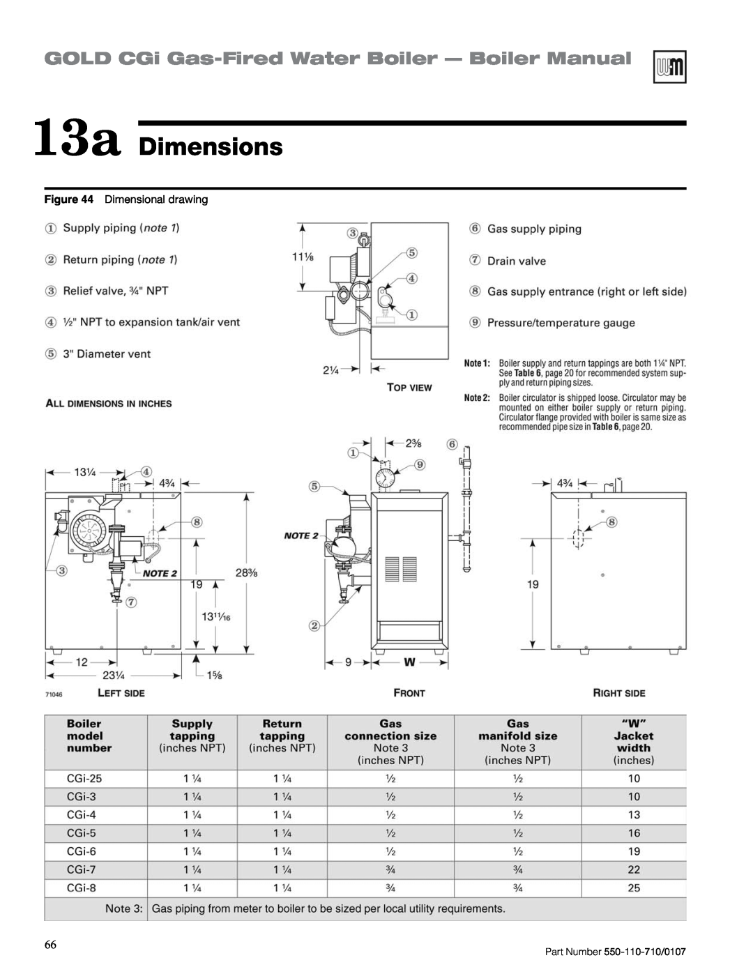 Weil-McLain Series 2 manual 13a Dimensions, GOLD CGi Gas-FiredWater Boiler — Boiler Manual, Dimensional drawing 
