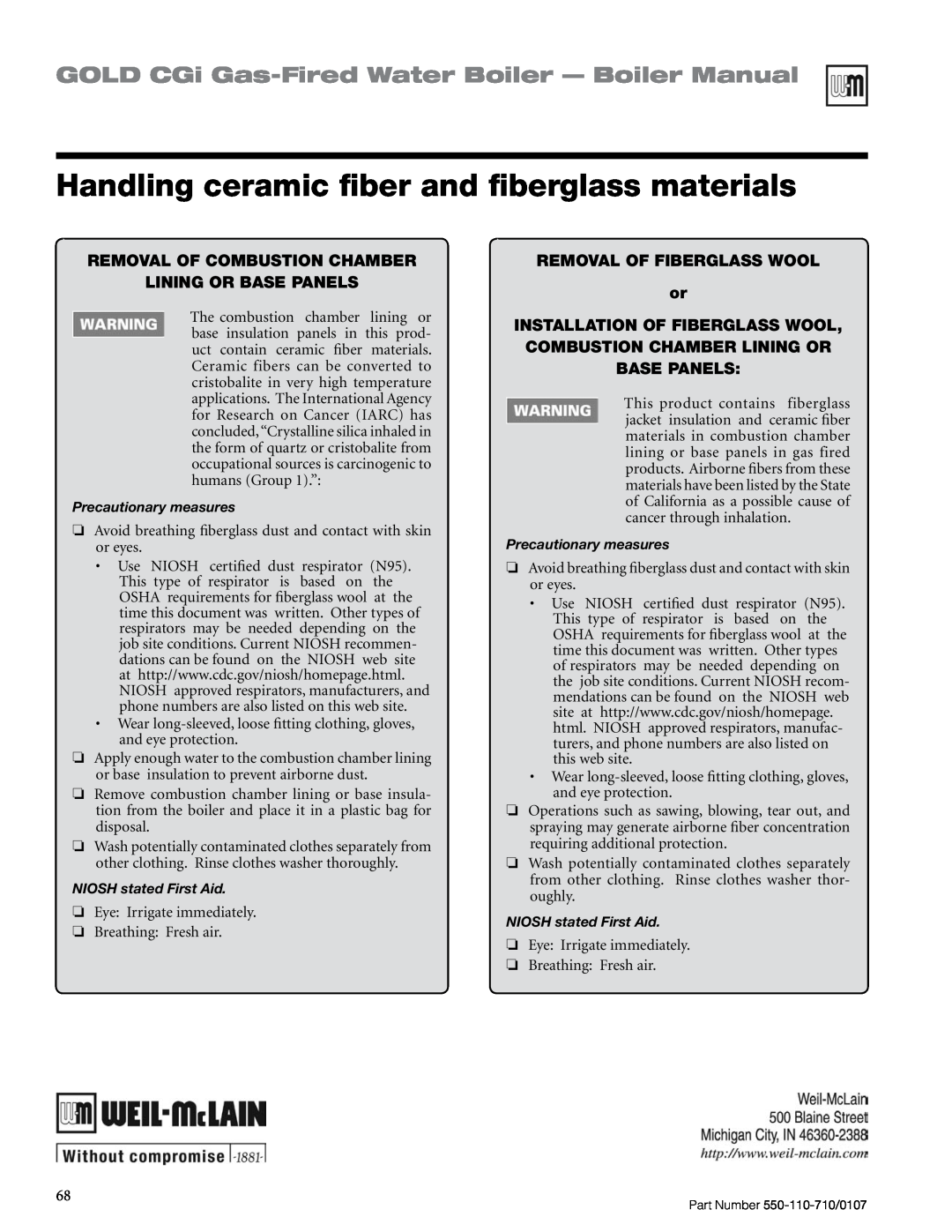 Weil-McLain Series 2 manual Handling ceramic fiber and fiberglass materials, GOLD CGi Gas-FiredWater Boiler — Boiler Manual 