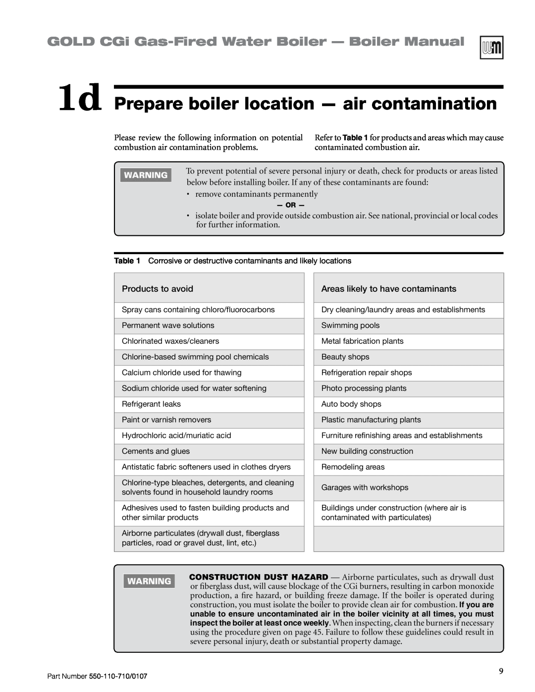 Weil-McLain Series 2 manual 1d Prepare boiler location — air contamination, GOLD CGi Gas-FiredWater Boiler — Boiler Manual 