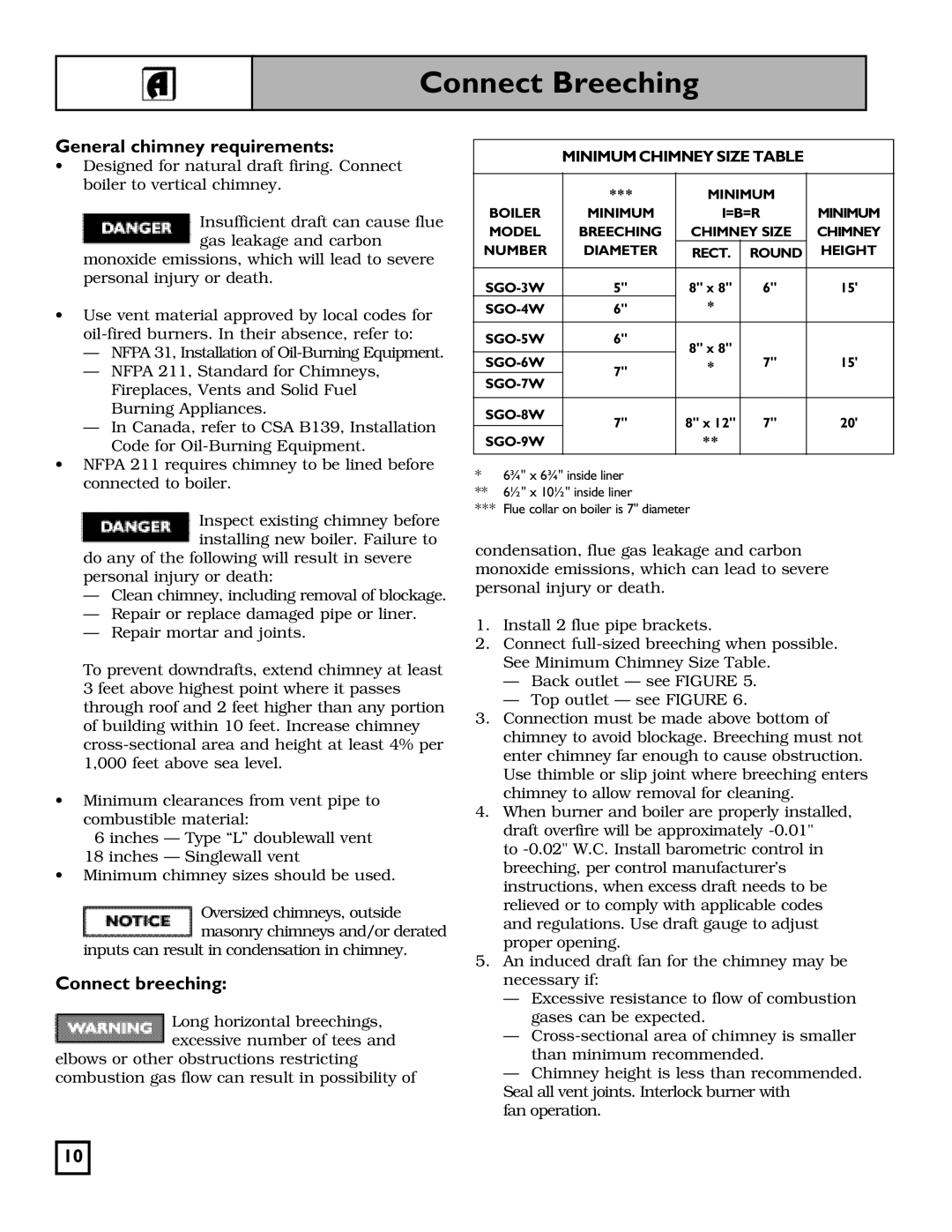 Weil-McLain 550-141-827/1201 manual Connect Breeching, General chimney requirements, Minimum Chimney Size Table 