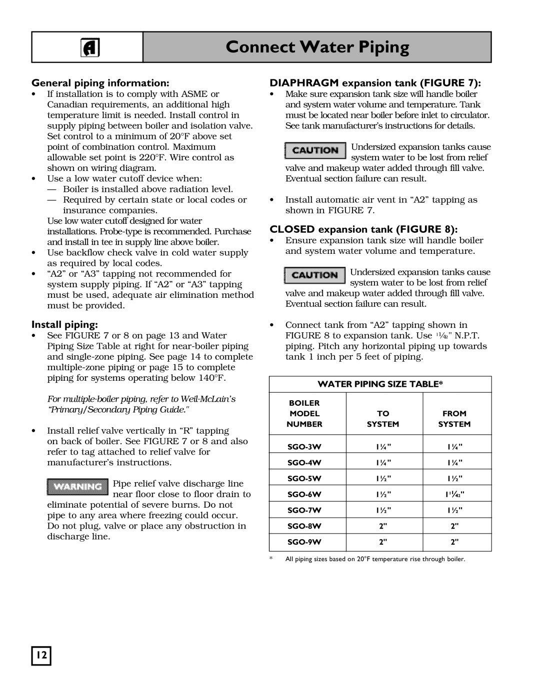 Weil-McLain 550-141-827/1201 manual Connect Water Piping, General piping information, Install piping 