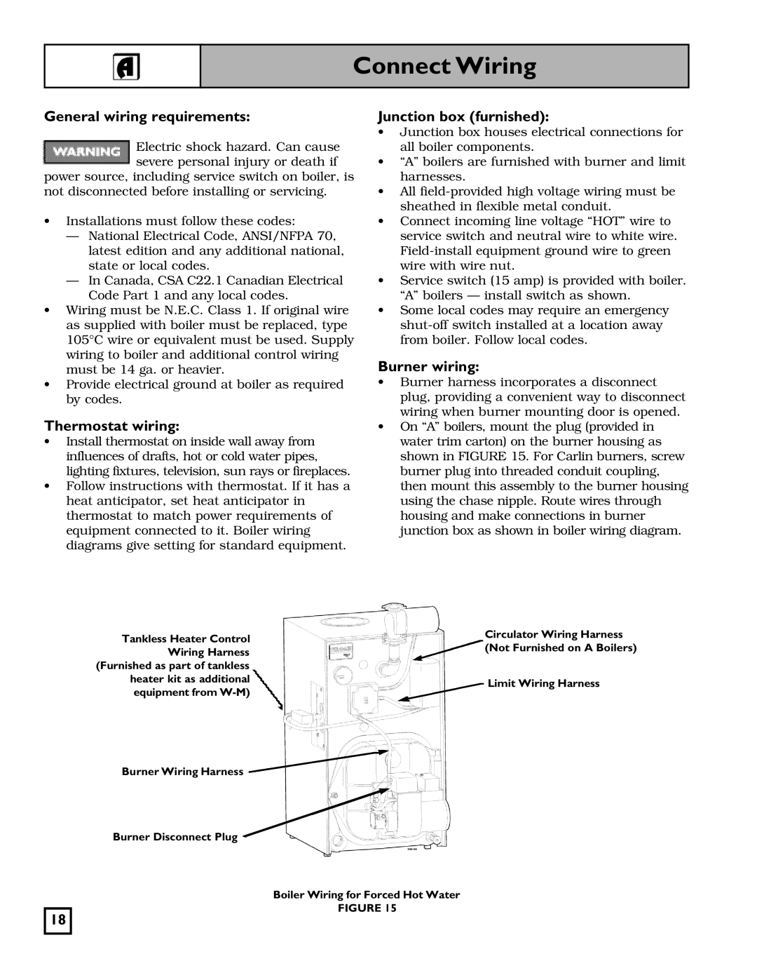 Weil-McLain 550-141-827/1201 manual Connect Wiring, General wiring requirements, Thermostat wiring, Junction box furnished 