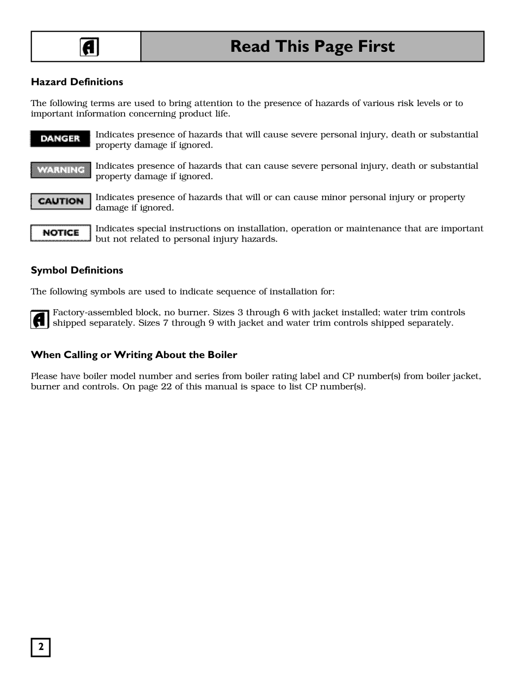 Weil-McLain 550-141-827/1201 manual Read This Page First, Hazard Definitions, Symbol Definitions 